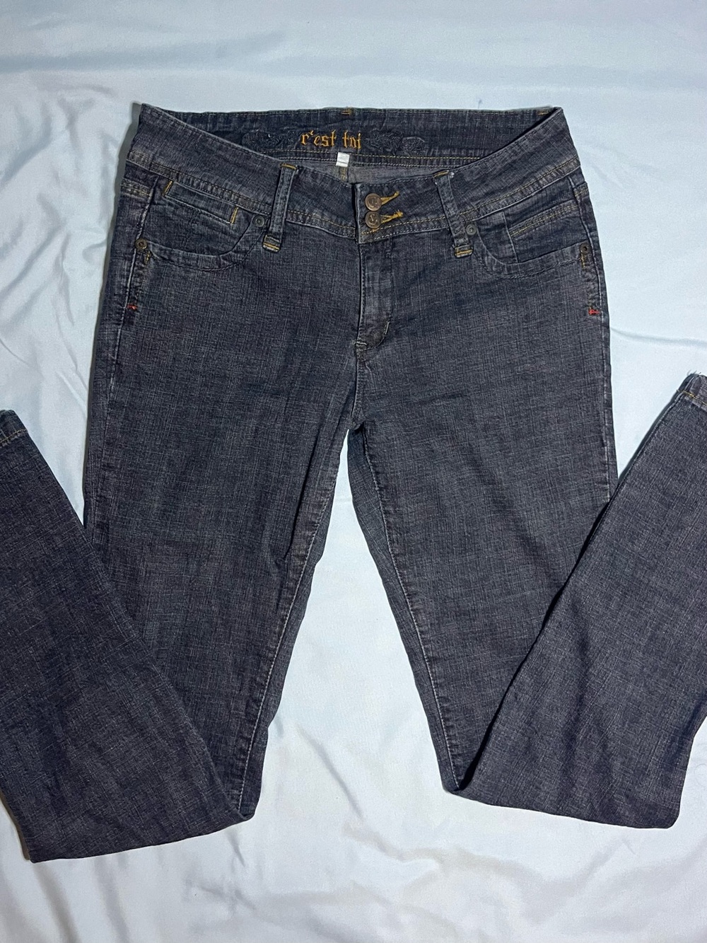 C'est Toi Dark Wash Gray Skinny Jeans Women’s Double Button Low-Mid Rise Denim